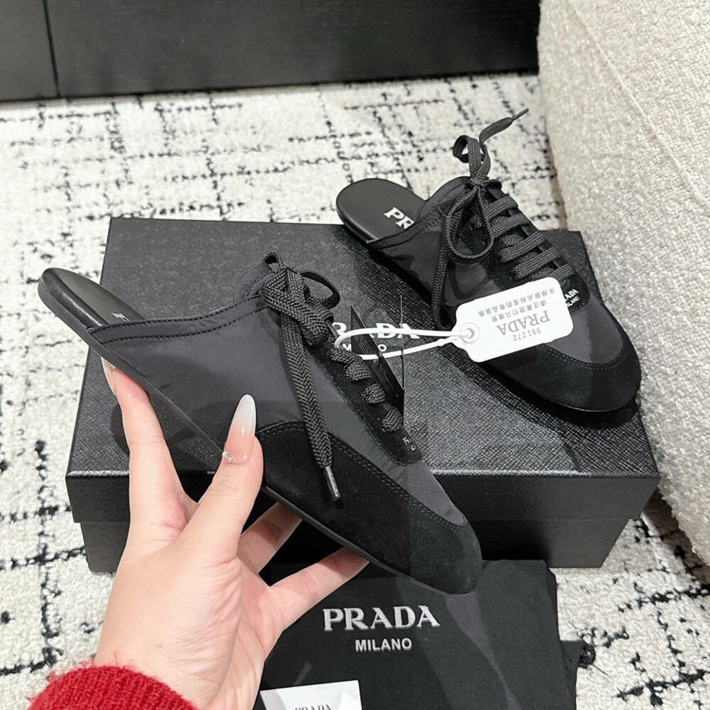 PRADA Collapse Re-Nylon and suede mules