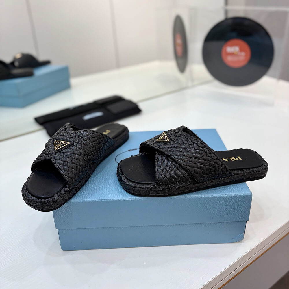 Prada Raffia crisscross slides