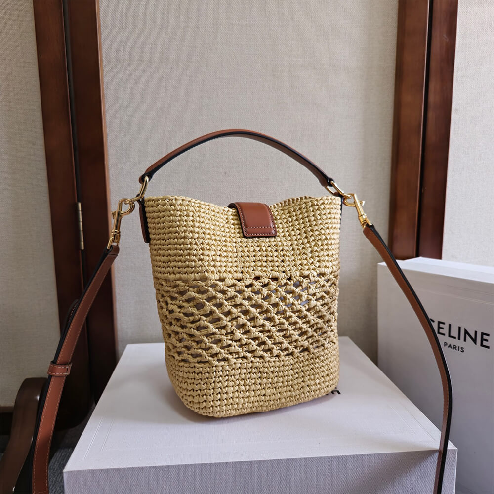 CELINE SMALL LOUISE BUCKET IN RAFFIA AND CALFSKIN(HIGH-END GRADE)