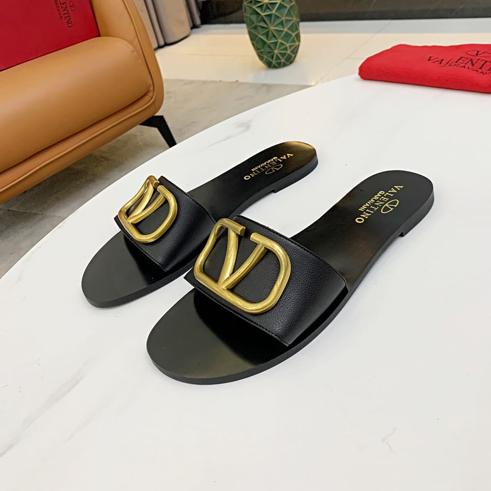 VALENTINO VLOGO SIGNATURE grained cowhide decorative elements slipper sandals (heel height 0.5 cm)