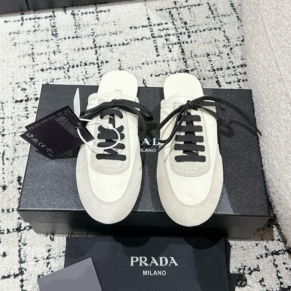 PRADA Collapse Re-Nylon and suede mules