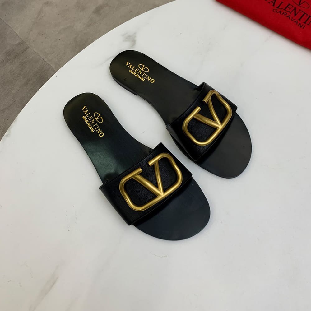 VALENTINO VLOGO SIGNATURE grained cowhide decorative elements slipper sandals (heel height 0.5 cm)